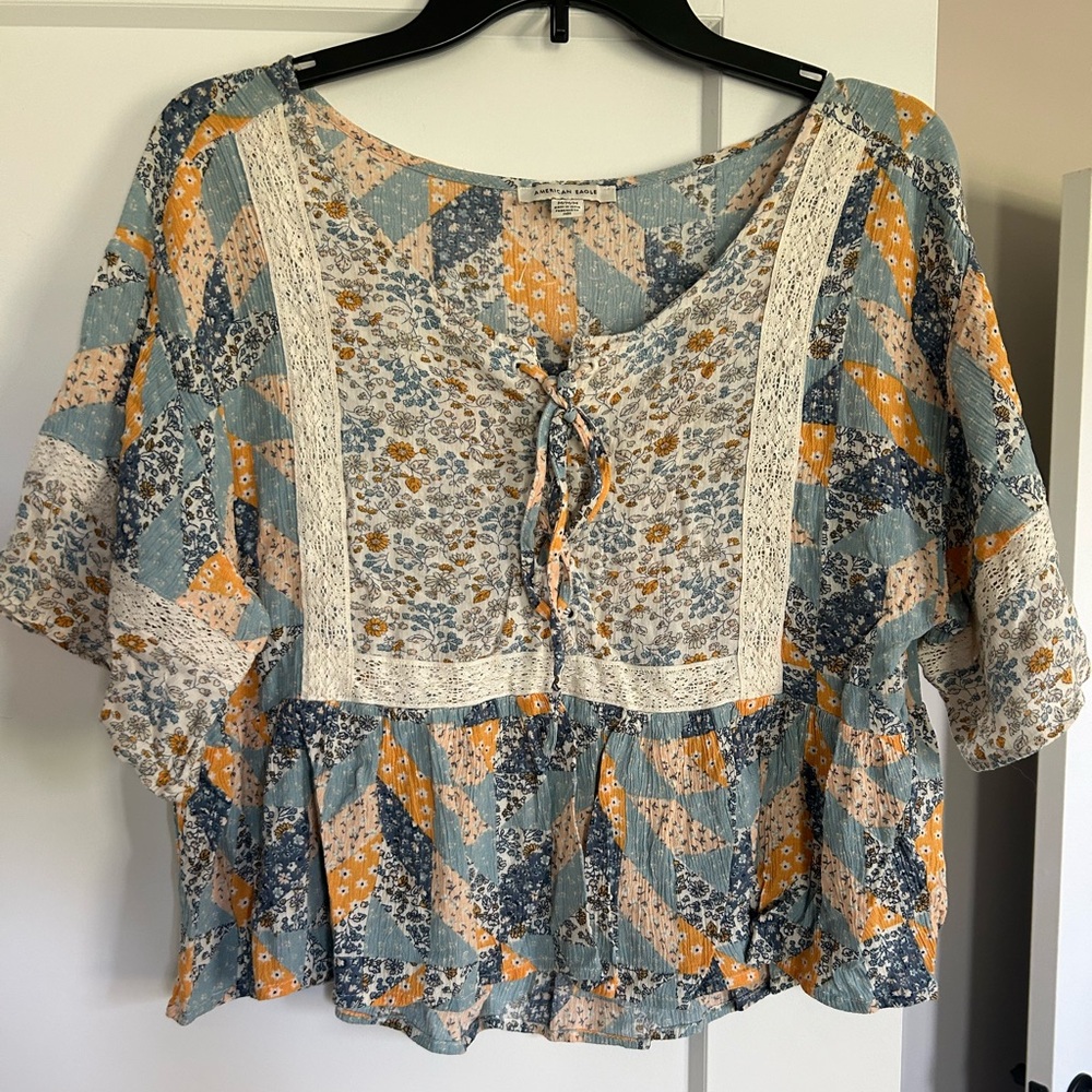 Boho Lace-Trim Peasant Top in Blue and Mustard - American Eagler